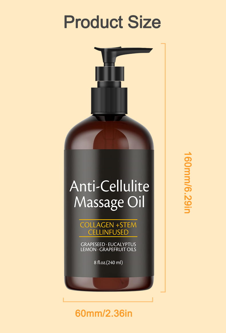Dunkle Ambra-Glasflasche mit schwarzem Pumpspender, beschriftet mit Anti-Cellulite-Massageöl mit Kollagen, 240 ml.