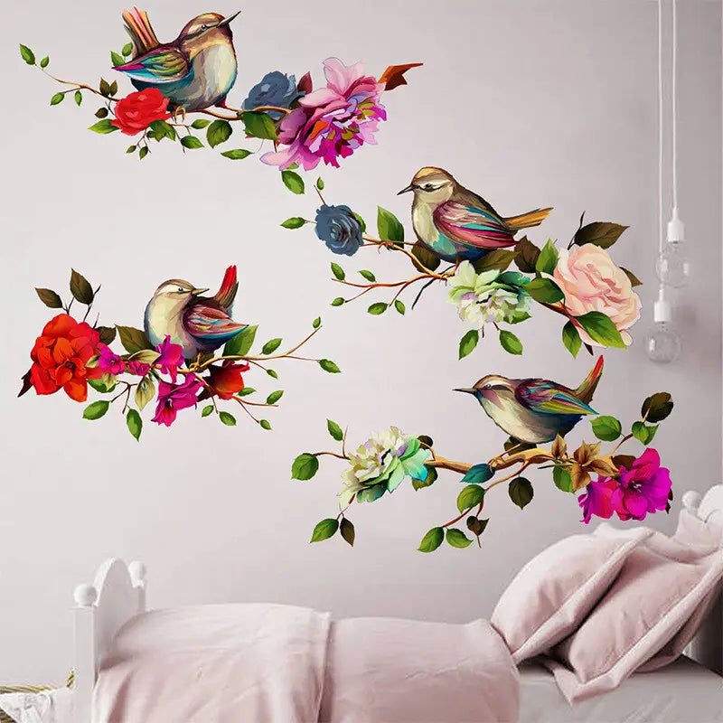 autocollant mural de fleurs et de pies, décor mural de fleurs, présentant un design coloré avec des nuances vives de rouge, rose, bleu et vert, ainsi qu’un plumage et des fleurs détaillés.