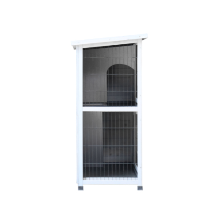 Cage en bois pour lapins à deux niveaux, blanche, avec treillis métallique noir et une petite entrée arquée au niveau supérieur, conçue pour le logement des animaux de compagnie et pour une utilisation en extérieur.