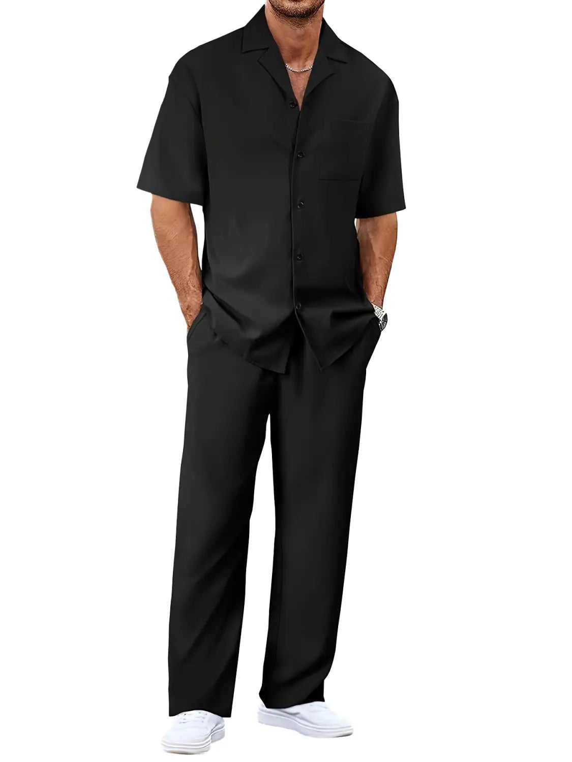 men short sleeve casual suit set featuring a black short-sleeved button-up shirt with a collar and matching black trousers in a lightweight fabric suitable for casual occasions