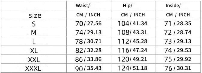 Esta tabla de tallas de pantalones casuales rectos con cordón de pana muestra medidas en centímetros y pulgadas para las tallas S hasta XXXL.