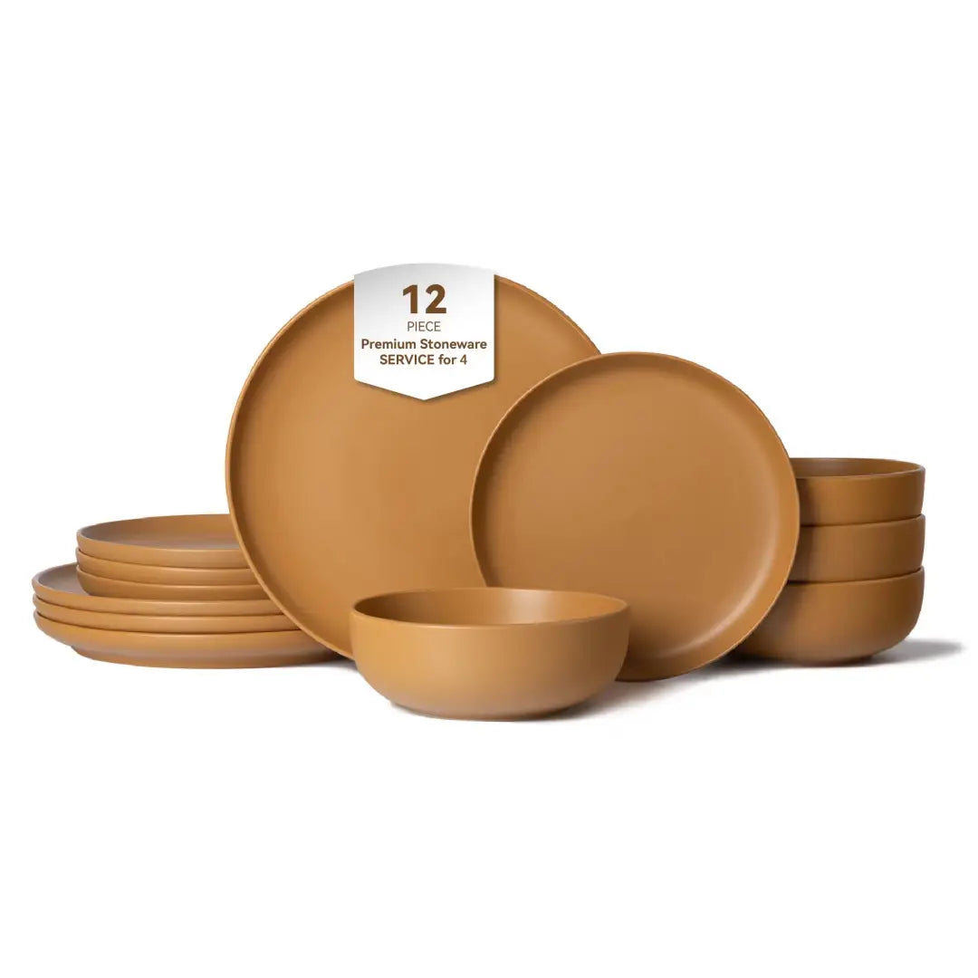 tan ceramic stoneware dinnerware set with matte glaze and minimalist design includes 12 pieces suitable for four people