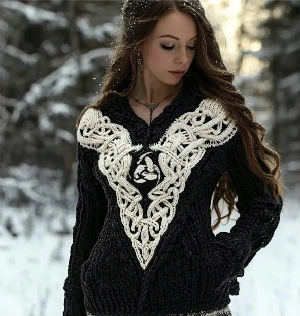 Un pull en maille noir avec une broderie complexe de nœuds celtiques blancs sur la poitrine et les épaules, présenté comme un pull Halloween à col en V avec impression numérique 3D pour femmes.