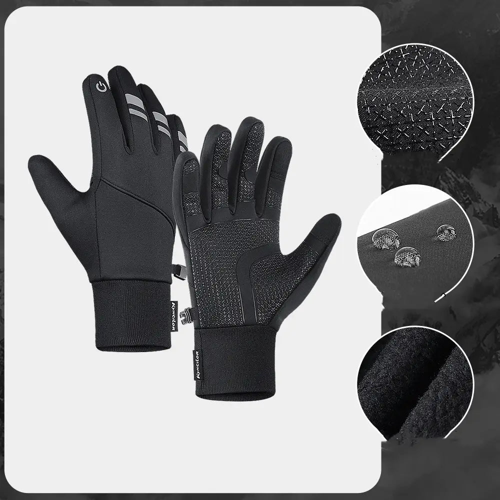 Black windproof thermal touchscreen winter gloves with textured grip and water-resistant fabric shown from the back side