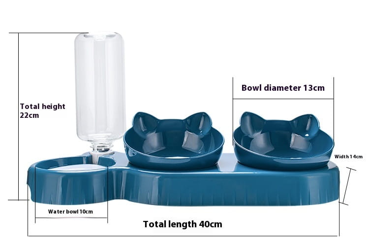 Distributeur orthopédique bleu en forme de chat avec une bouteille d’eau automatique transparente placée sur le dessus, conçu pour l’hydratation et l’alimentation des animaux.