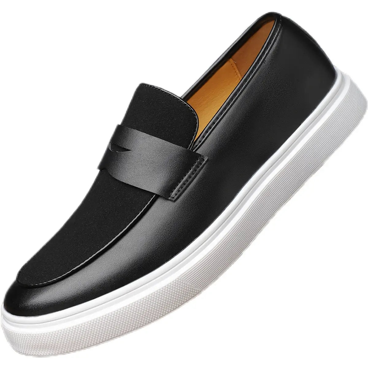 Herren-Schnürschuhe aus schwarzem Leder zum Hineinschlüpfen mit weißer Gummisohle und einem dezenten Logo auf dem Riemen.