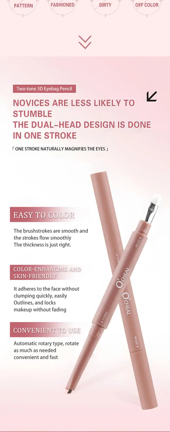 Two-tone rose gold dual-ended eyeshadow and silkworm pen featuring a dual-head 3d eyeshadow pencil with an automatic rotary design.