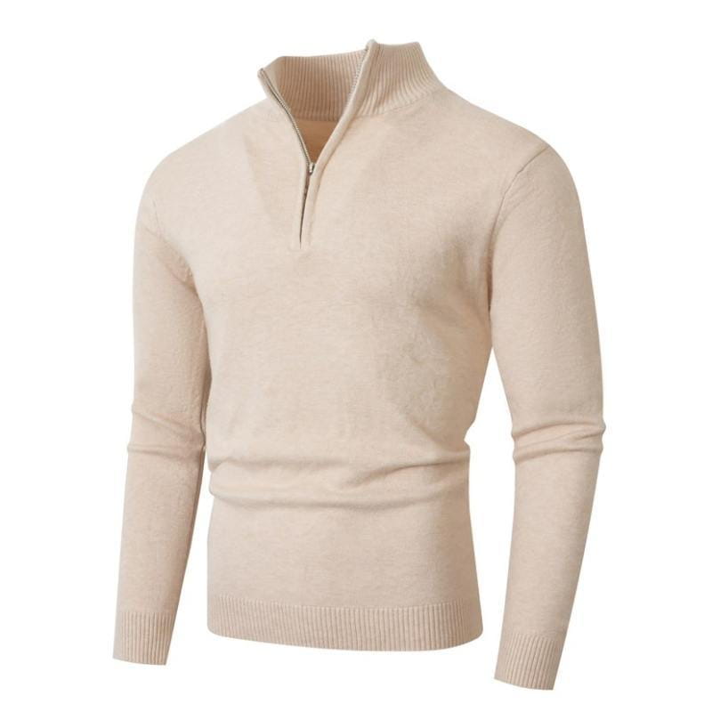 Pull en molleton demi-zip beige pour homme, grande taille, avec poignets et ourlet côtelés, en tissu tricoté.
