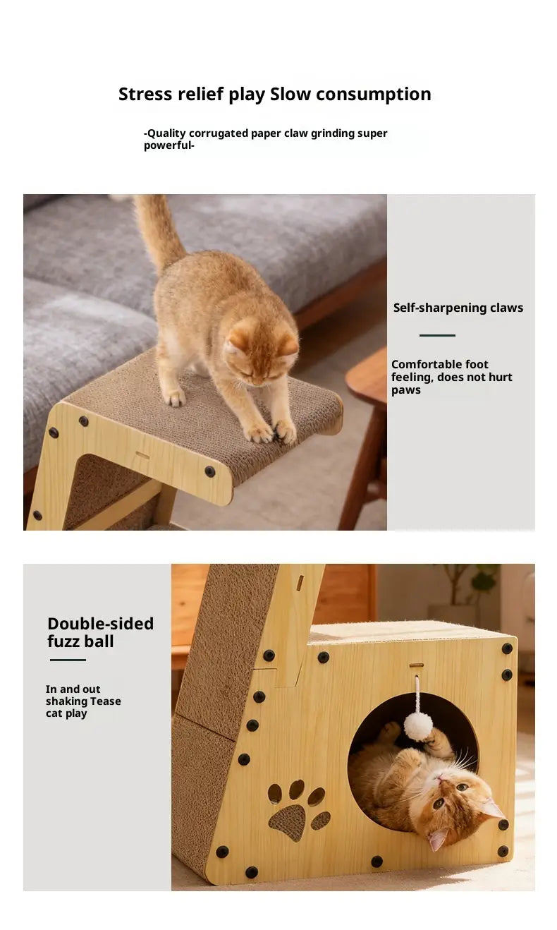 Hell geholztes Kratzbaumbett für Katzen mit einer gewellten Papp-Kratzoberfläche, Pfotenabdruck-Design und einem angebundenen gemütlichen Verstecktunnel mit Pompon.