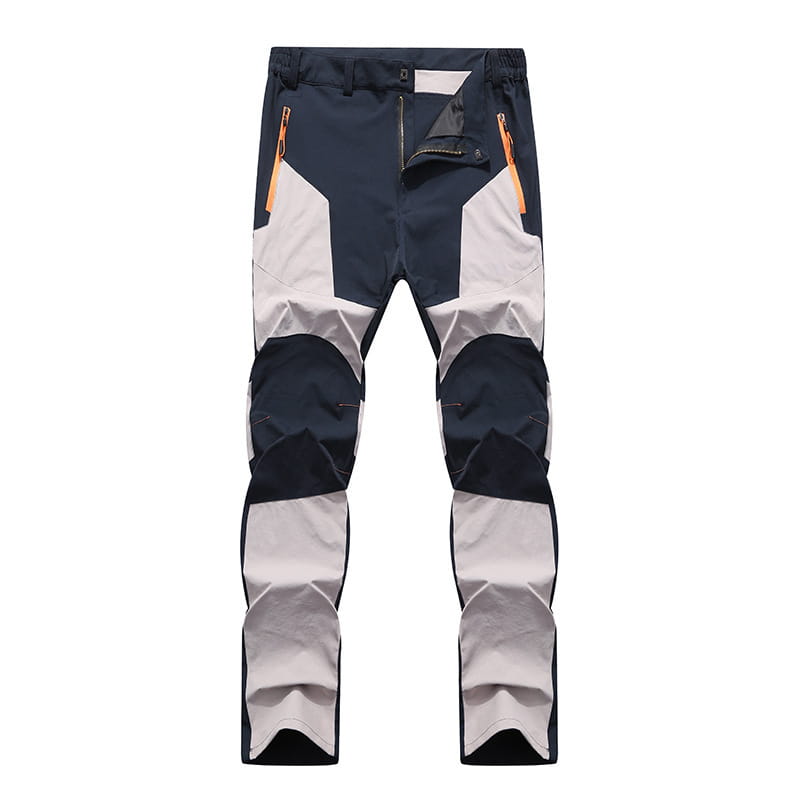 Men waterproof hiking pants made of stretch material featuring dark blue and light gray paneling with orange zipper accents designed for tactical outdoor use.
