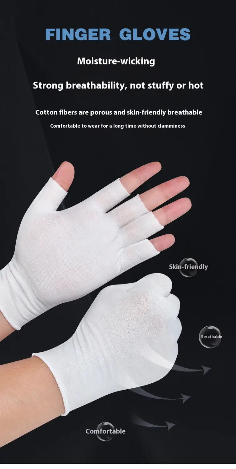 Atmungsaktive weiße Baumwoll-Handschuhe ohne Finger (Fingerless), gefertigt aus feuchtigkeitsableitendem Material, für hautfreundlichen Tragekomfort konzipiert.