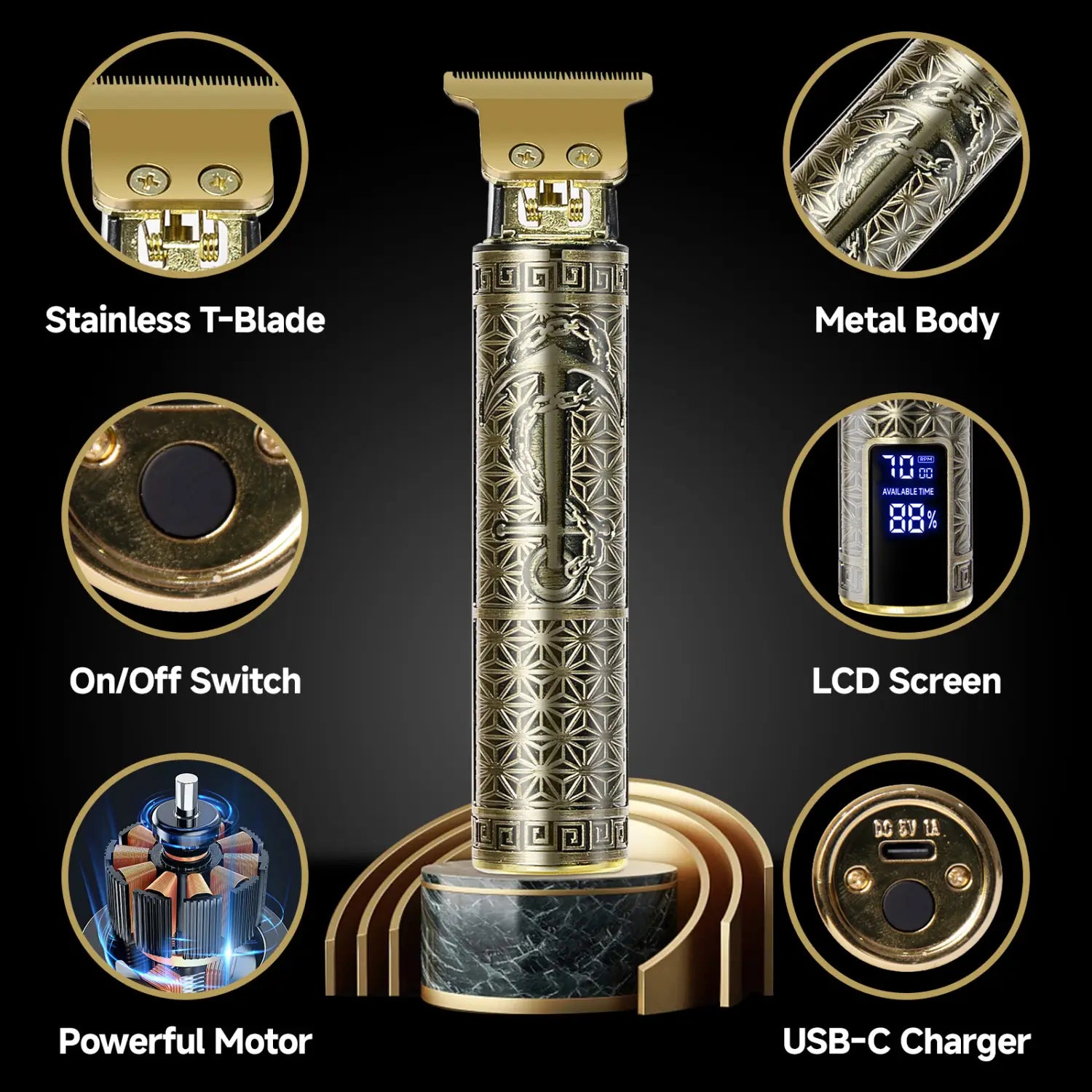 精巧に彫刻された金属製ボディとステンレス製Tブレードを備えた、金色の電動ヘアトリマーを特徴とするプロ用メンズヘアクリッパーのゴールドコードレス替刃トリマーです。