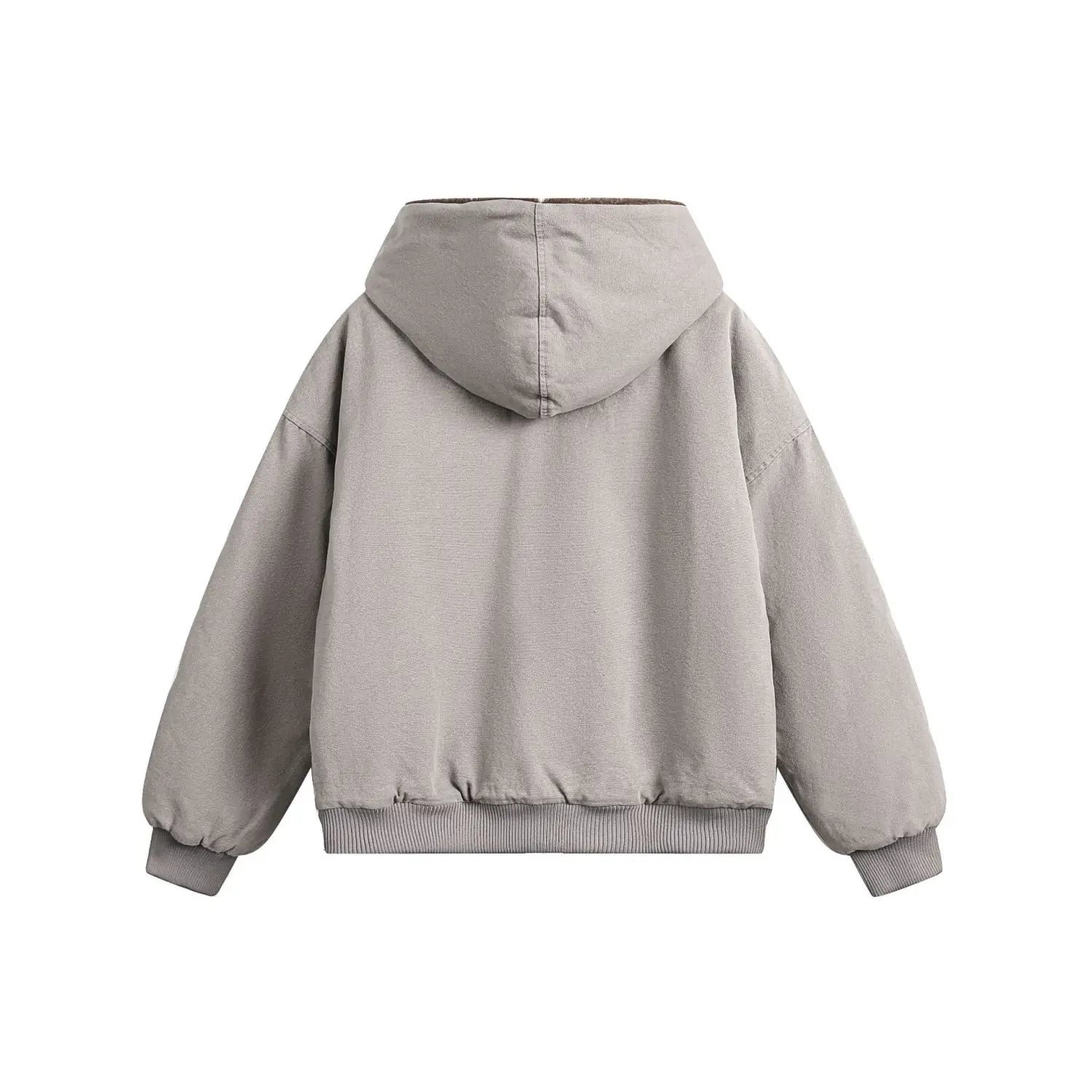 Abrigo acolchado de invierno de algodón con forro de piel sintética en color gris claro para hombre y mujer, con diseño de capucha abullonada y cinturilla y puños acanalados.