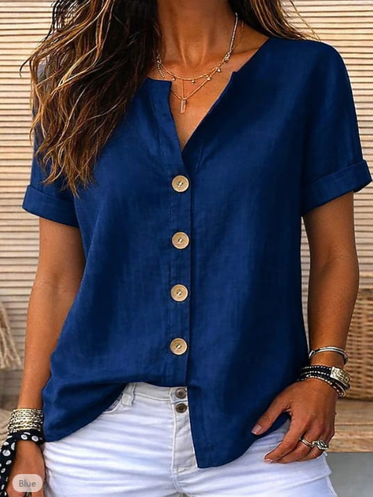 Short sleeve button up cardigan for women in navy blue with a v-neckline and light gold buttons.
