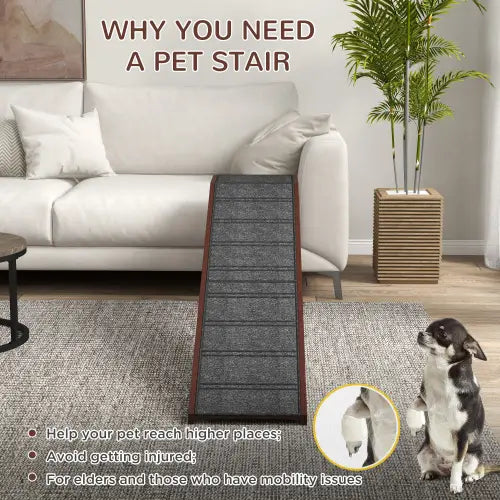 Un escalier pour animaux gris, texturé, avec un cadre en bois, intégré à la rampe pour chien Pawhut pour le lit avec moquette antidérapante.