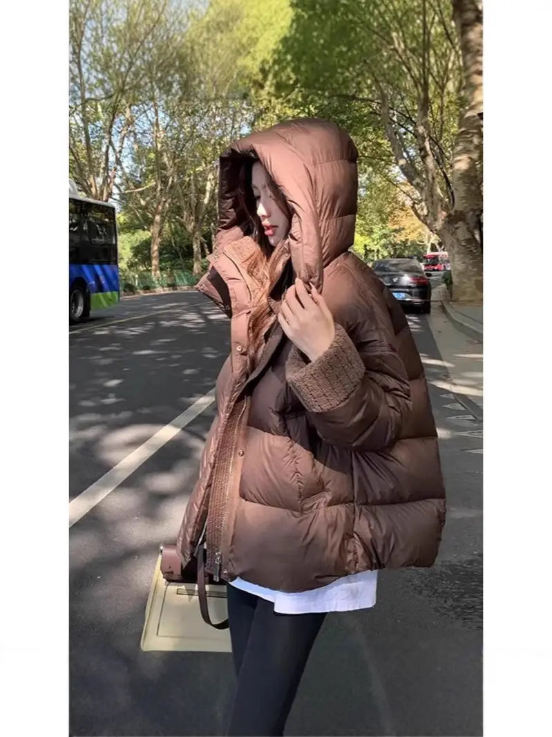 Doudoune matelassée d’hiver pour femmes marron avec capuche et design matelassé, conçue pour les conditions météorologiques froides.