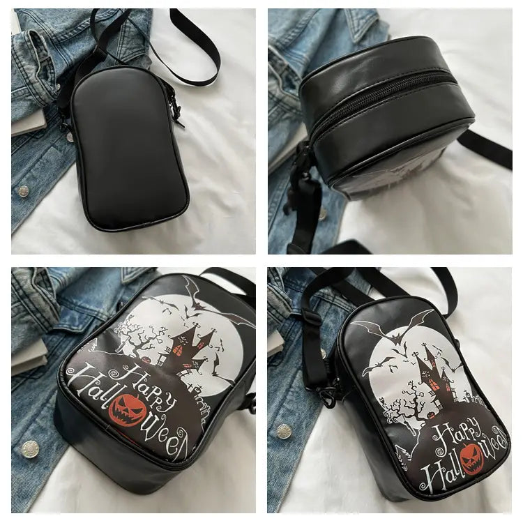 Black embroidered Halloween floral and pumpkin crossbody bag with spooky castle bats and jack-o-lantern design on the front.