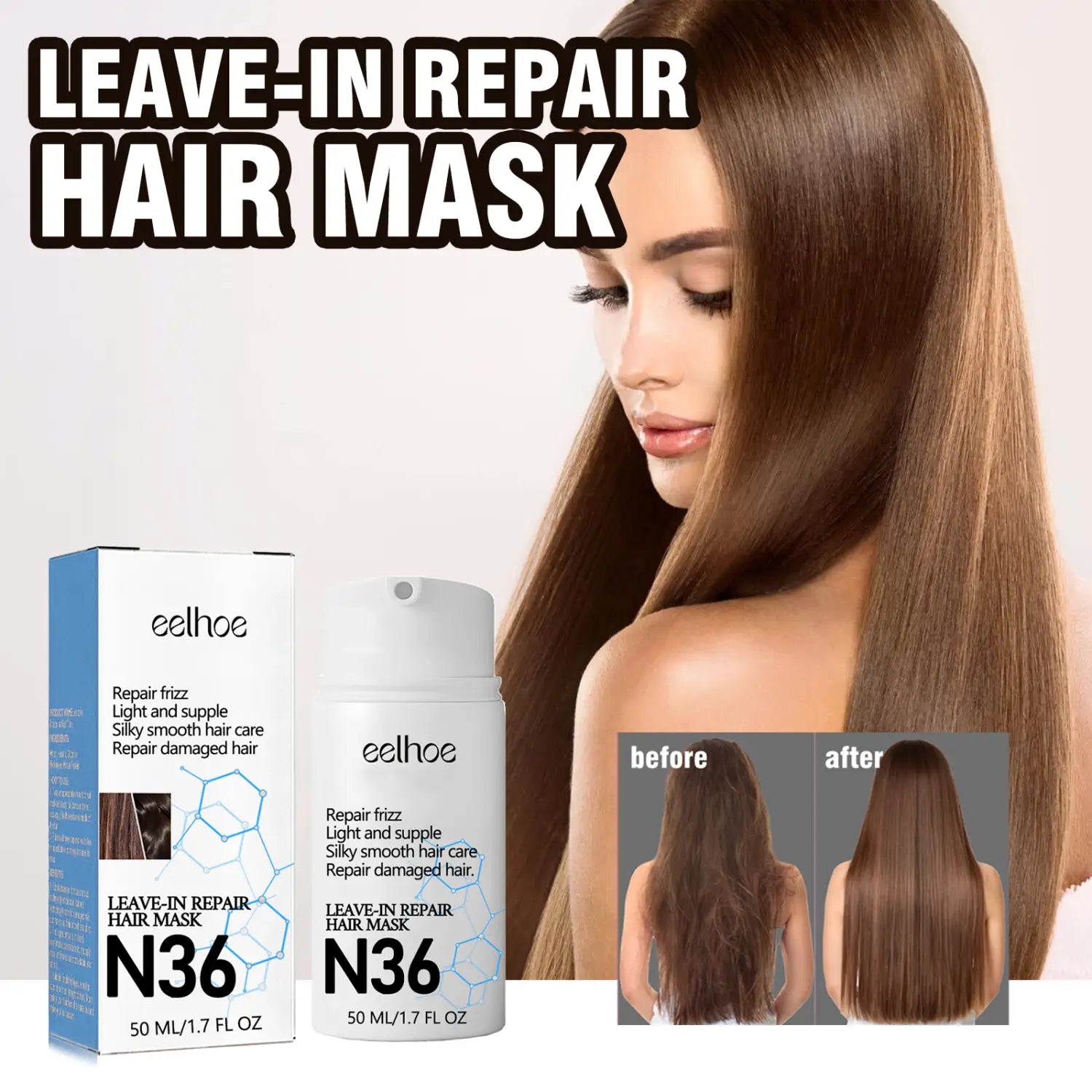Une bouteille cylindrique blanche de Eelhoe N36 Molecular Leave-in Hair Repair Mask, dans un emballage bleu et blanc, contenant un spray de 50 ml.
