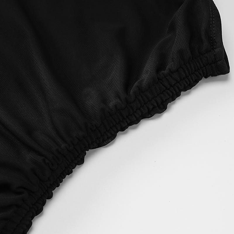 black elastic waist shorts made of smooth lightweight fabric paired with a Y2k ruched strapless side slit mini dress