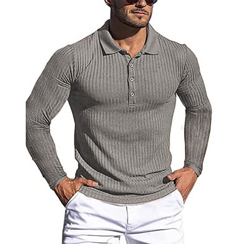 A fitted long-sleeved gray ribbed knit polo shirt with a classic collar and button placket for men slim fit style.