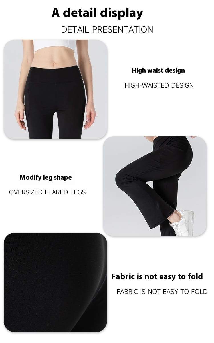 Schwarze High-Waist ausgestellte Yoga-Hosen mit übergroßen Bootcut-Beinen aus nicht falzendem Stoff, entworfen für angenehmen Activewear-Einsatz.