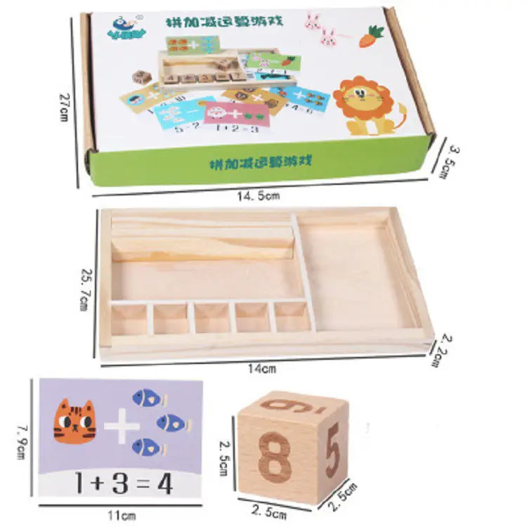 Light-colored wooden math learning set with addition blocks featuring colorful illustrated animal cards including a lion an orange cat and fish.