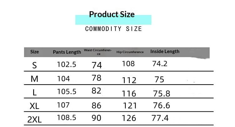product size chart for mens multi pocket cargo workwear pants showing measurements in centimeters for sizes s to 2xl.