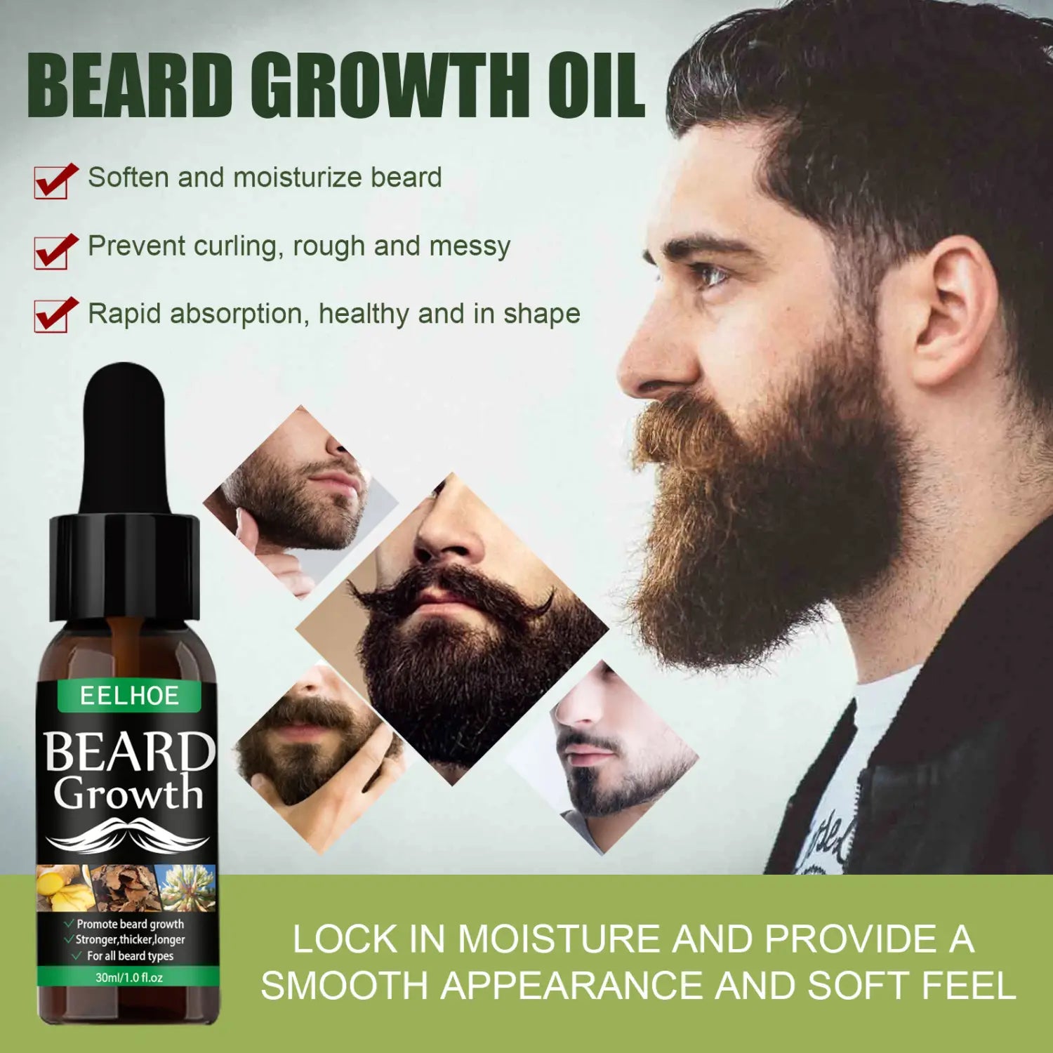 Suero para el crecimiento de la barba eelhoe en un frasco de vidrio color ámbar oscuro con tapa cuentagotas negra, con una etiqueta que resalta beneficios de hidratación y fortalecimiento para todo tipo de barba en un kit de dermaroller de 40 ml.