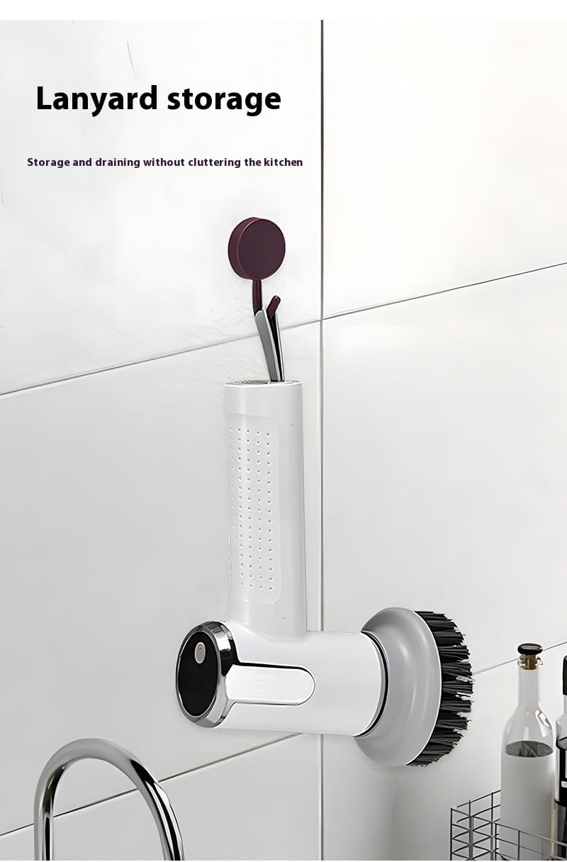 White cylindrical lanyard storage holder with magnetic top and brush attachment for the electric cleaning brush wireless smart scrubber tool.