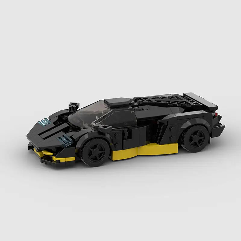 Modèle de voiture de sport Lego Technic noir et jaune avec un design aérodynamique élégant, issu de l’ensemble de construction de la voiture de course M10271, 326 pièces.