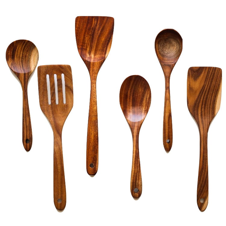 Set of six wooden cooking utensils with rich warm brown tones and natural wood grain patterns from a seven piece non stick kitchen set.