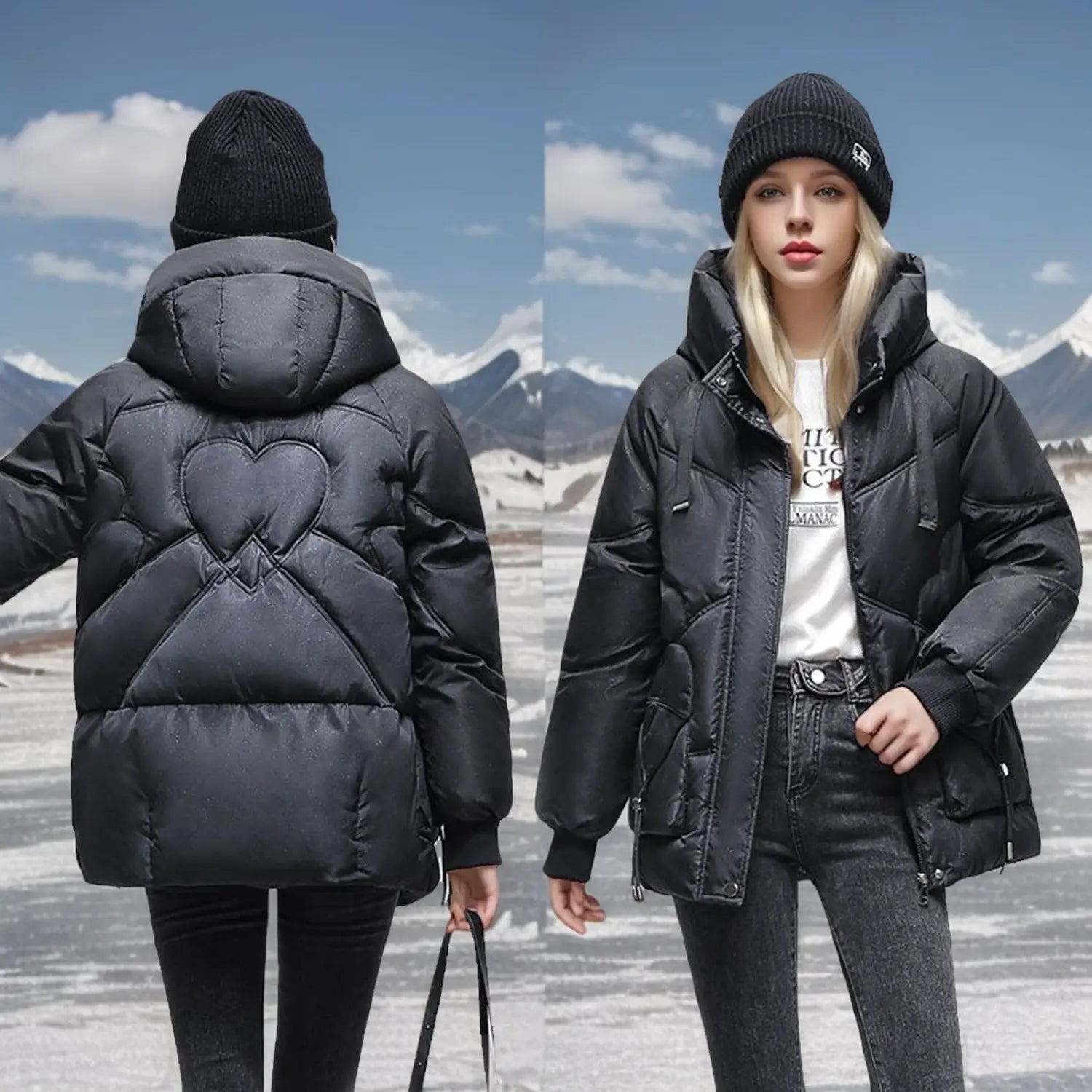 Schwarzes koreanisches lockeres Winter-Steppjackett mit Daunenoptik auf der Rückseite, mit herzförmiger Ziernähte und isolierendem Material für kaltes Wetter.