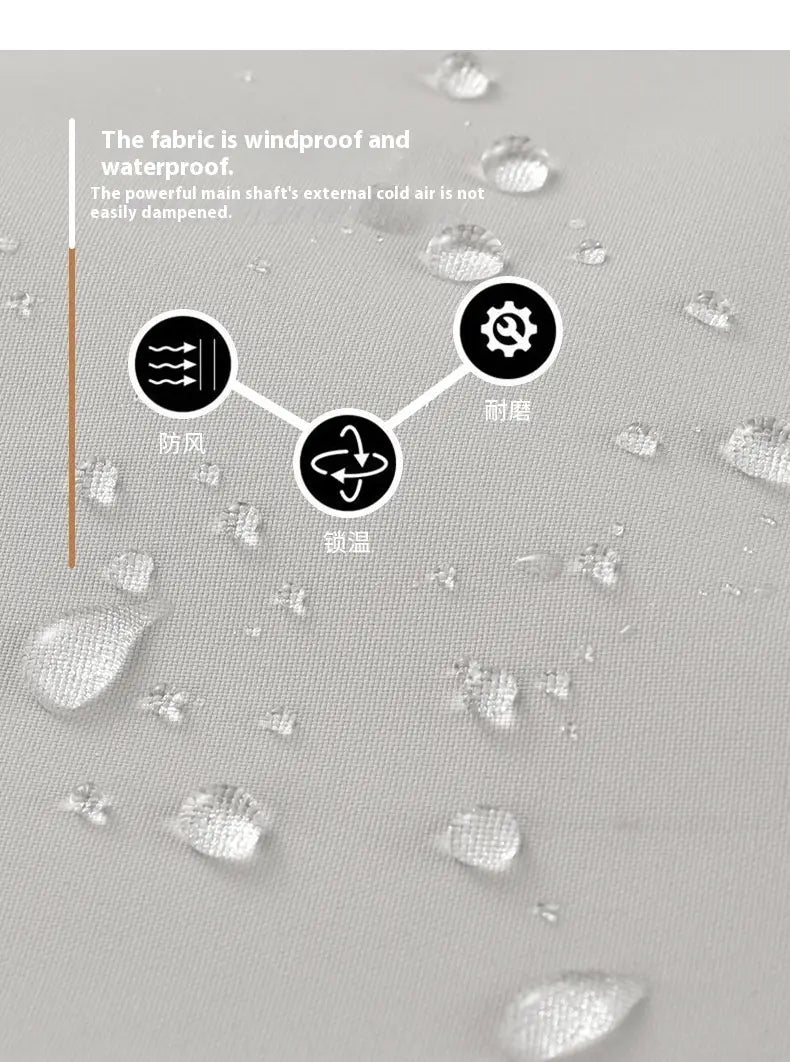 Grauene taktische Kapuzen-Shelljacke mit Material, das wind- und wasserabweisende Eigenschaften aufweist, mit Wassertropfen, die sich an der Oberfläche bilden, sowie Ärmelpatch-Details