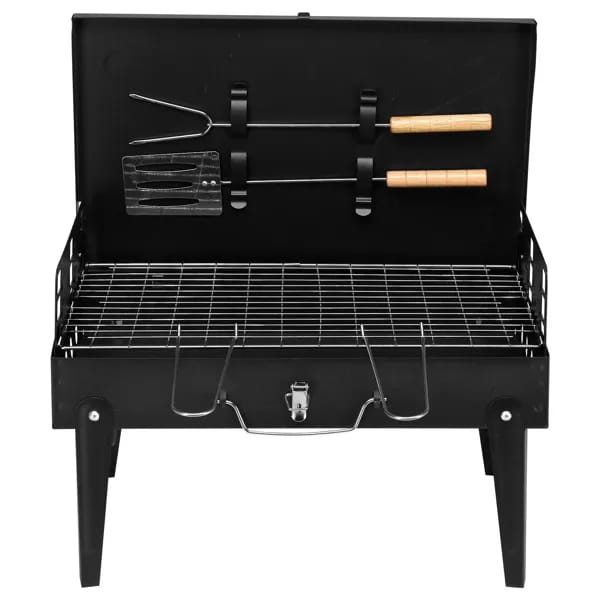 Black portable charcoal grill 44cm folding square bbq steel with wooden-handled tools and metal grates.