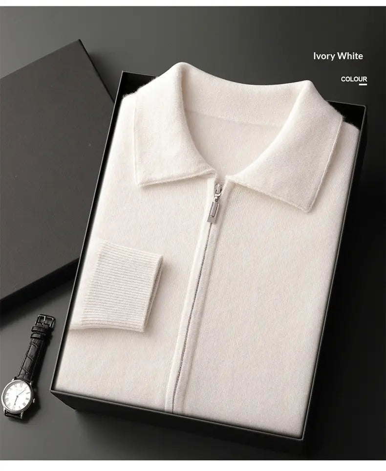 Ivory white zip-up knit polo shirt with ribbed collar and sleeve cuffs featured as a men solid color warm knitted cardigan zip jacket.
