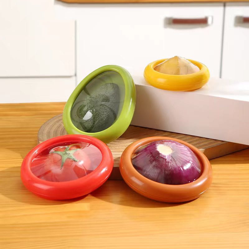Éplucheur de légumes en plastique coloré avec un dôme supérieur transparent et une bordure en silicone colorée inclus, dans un coffret de conservation fraîche pour rangement alimentaire (4 pièces).