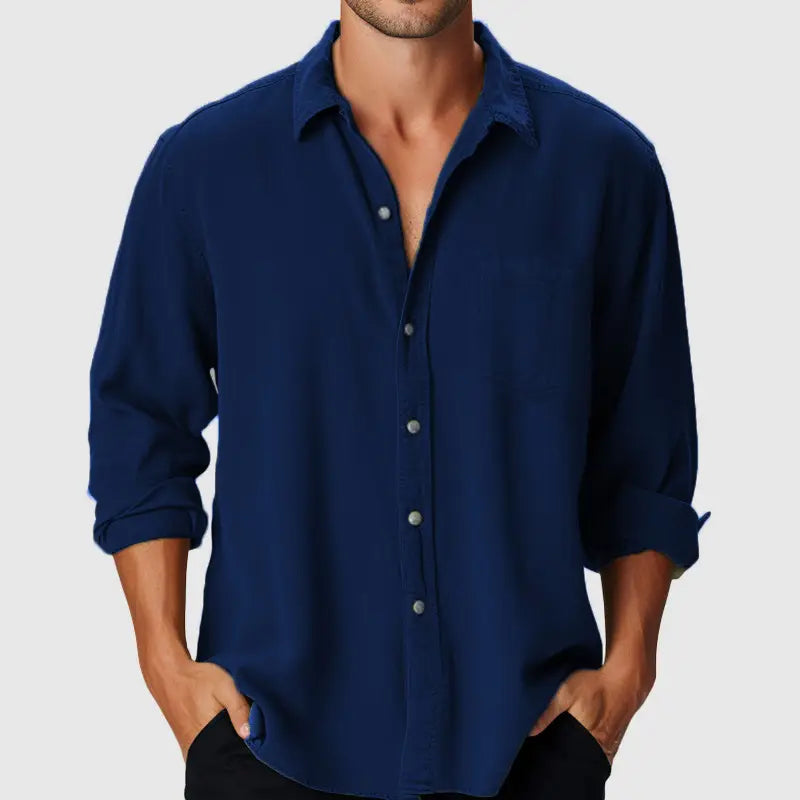 Men’s slim fit digital print linen blend casual shirt in deep navy blue with long sleeves rolled cuffs and a classic collar.