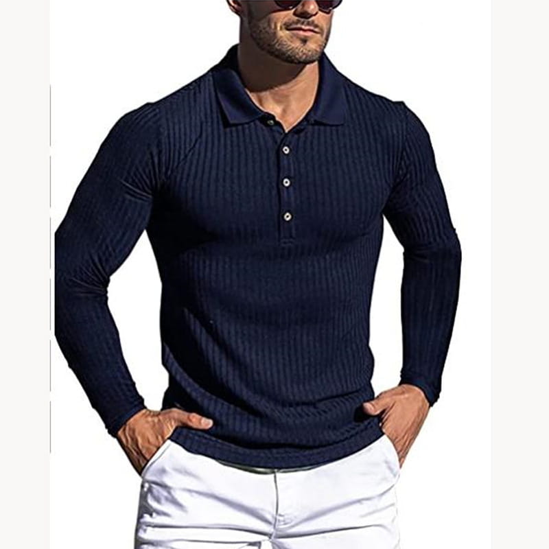 Men’s slim fit ribbed knit long sleeve polo shirt in navy blue with white buttons, showcasing a textured fabric and tailored silhouette.