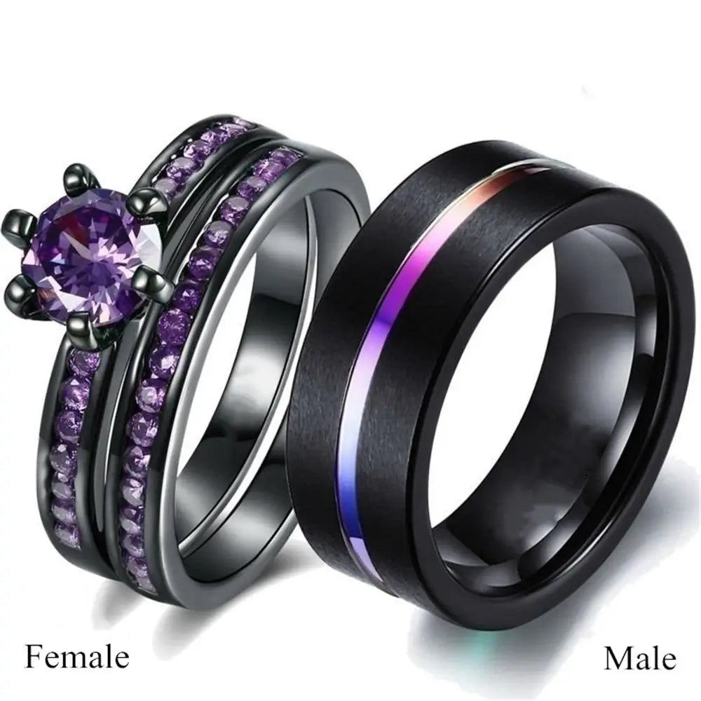Black tungsten and purple gemstone wedding band set featuring a black titanium female ring with a central purple gemstone and embedded purple crystals alongside a male ring with an iridescent gradient stripe.