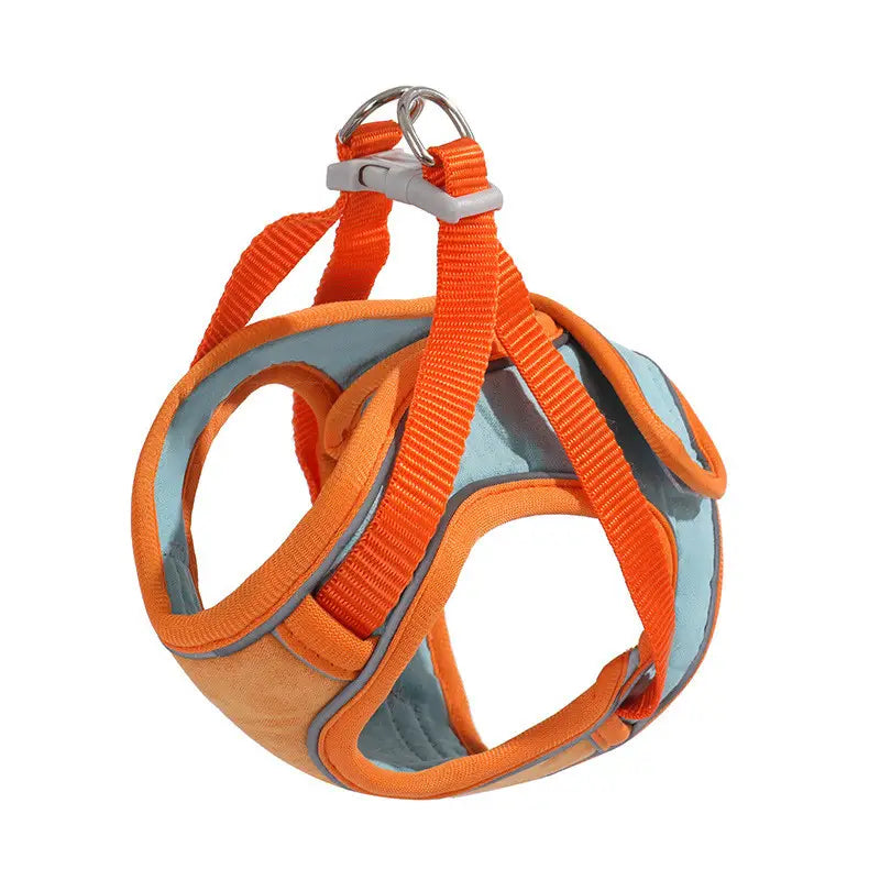 Reflective cat harness and leash set in bright orange and light blue with reflective trim designed to be escape proof.