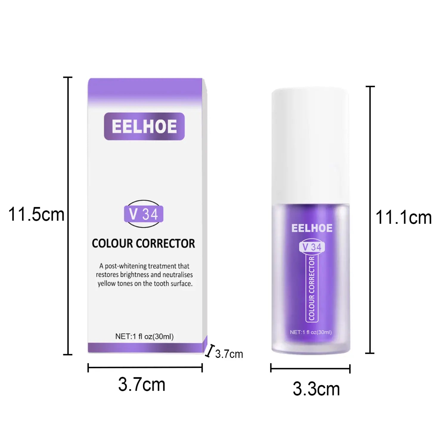 Purple eelhoe v34 colour corrector for teeth whitening in a sleek transparent bottle with white cap and matching box.