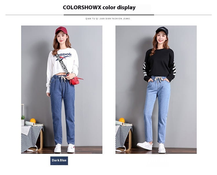 Jean droit taille haute style coréen en denim bleu foncé, coupe décontractée et taille à cordon de serrage.