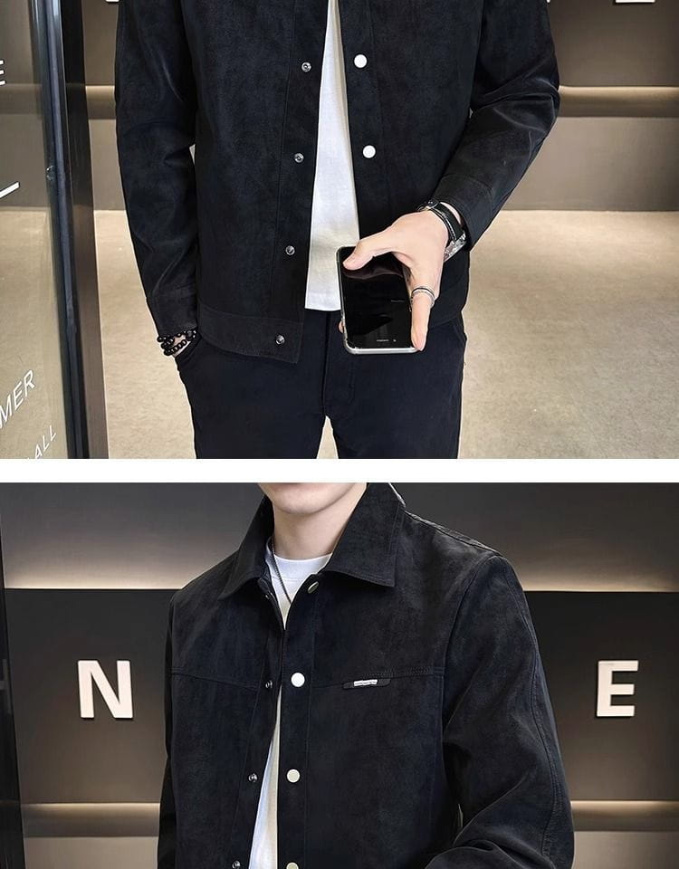Men suede lapel spring jacket in black suede-like material with silver buttons and a small branded patch on the chest pocket.