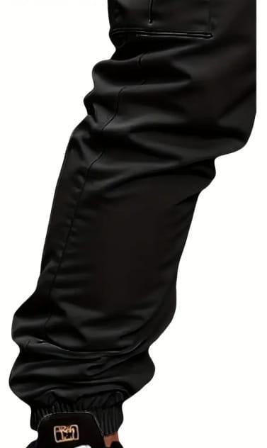 Men’s slim fit cropped cargo joggers in black satin with a sleek glossy finish and elasticated cuffs.