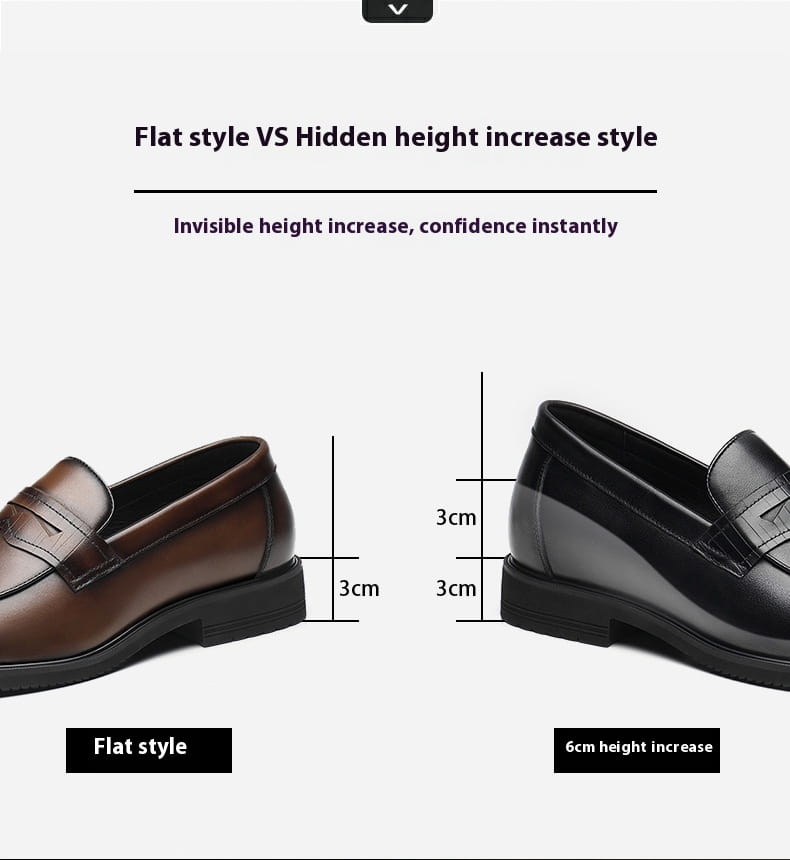 Men’s brown cowhide leather height increasing formal loafer with polished finish and black rubber sole.