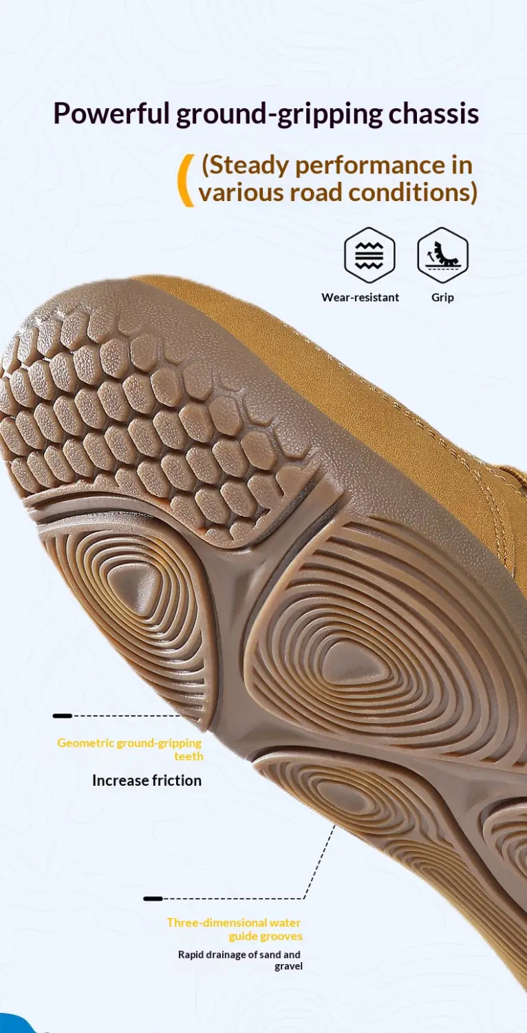 Hellbraune Gummisohle von Wanderstiefeln mit breiter Zehpartie aus Leder, High-Top-Sportschuhe mit hexagonalem Profilmuster und kreisförmigen Rillen für verbesserten Grip.