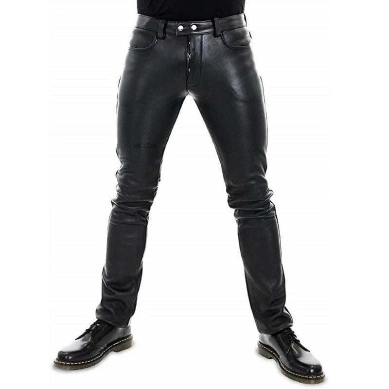 Men black faux leather pants with a slim fit design featuring silver toned button closures.