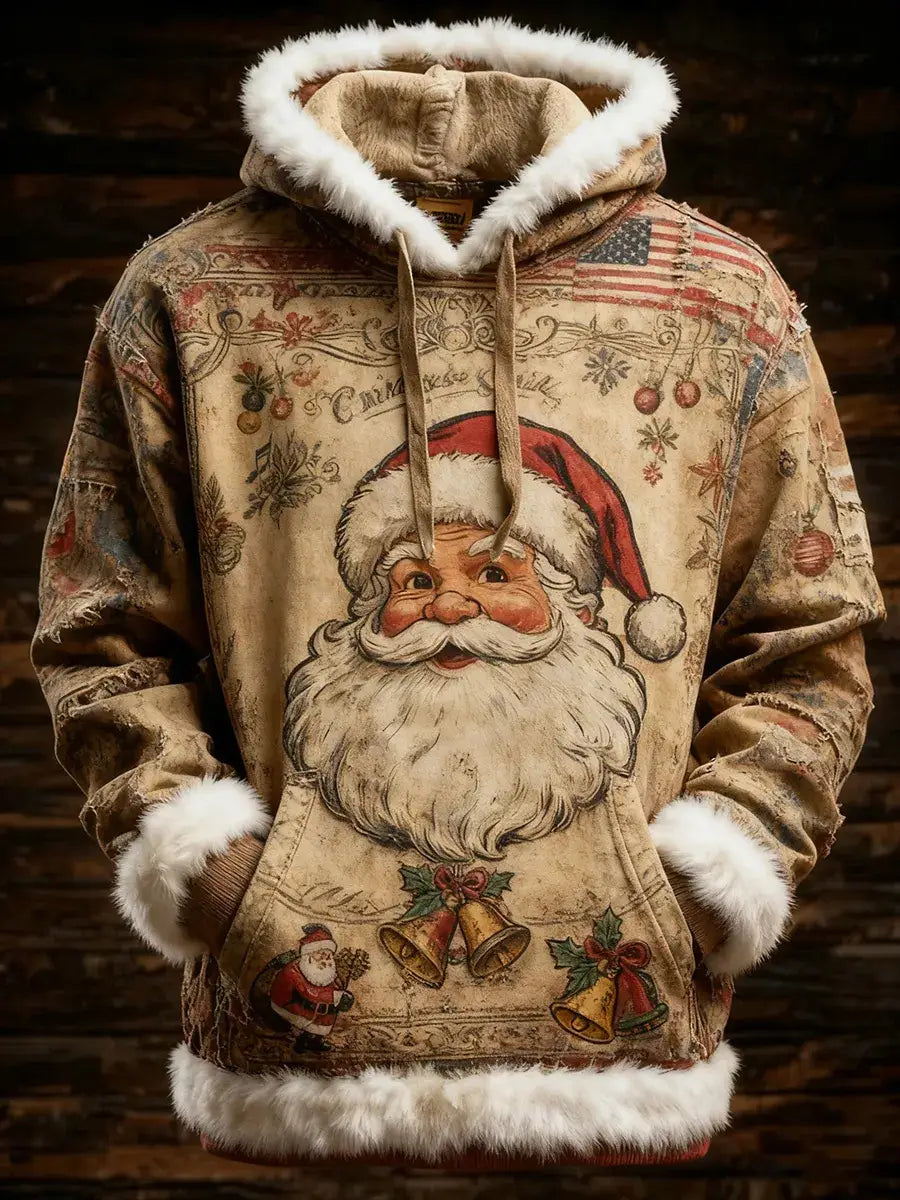 A beige santa holiday faux fur trim christmas hoodie with a fluffy white fur-lined hood, cuffs, and hem featuring vintage-style holiday graphics including bells and holly.