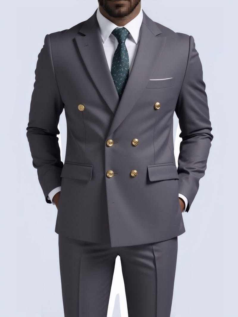 Costume homme non repassable à double boutonnage gris anthracite élégant, avec boutons à tonalité dorée et coupe sur mesure.