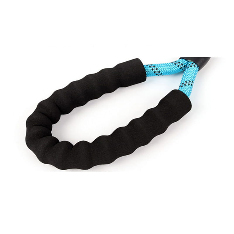 correa para perro reflectante con asa de cuerda recubierta de espuma negra y una sección trenzada azul intenso, para mayor comodidad y un agarre seguro.
